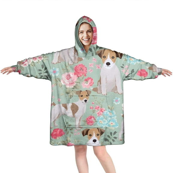 Jack Russell Terrier Dog and Flower Wearable Oversized Blanket,Wearable Blanket Hoodie for Adults,Cozy Hooded Blankets with Super Pockets,Super Warm Fuzzy Pullover for Women & Men