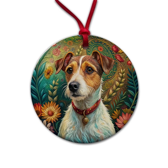 Jack Russell Terrier Dog French Bohemian Art Christmas Tree Holiday Round Ceramic Ornament
