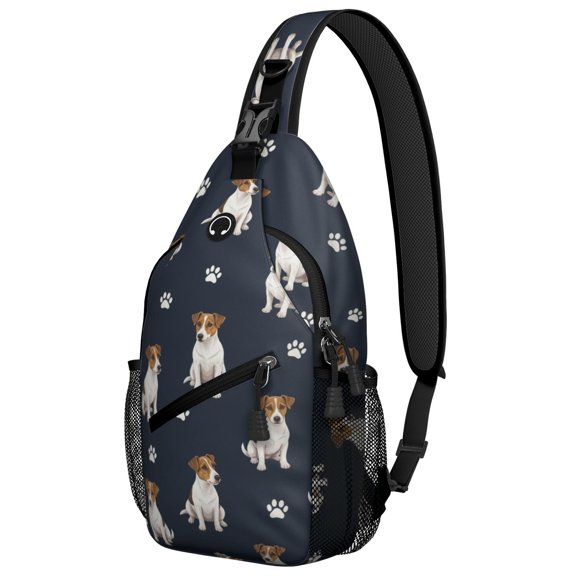Jack Russell Terrier and Dog Paw Print Sling Backpack, Unisex Daily Travel Sling Pack with Side Mesh Pockets, Adjustable Ambidextrous Strap Gift Ideas for Hiking Cycling Walking
