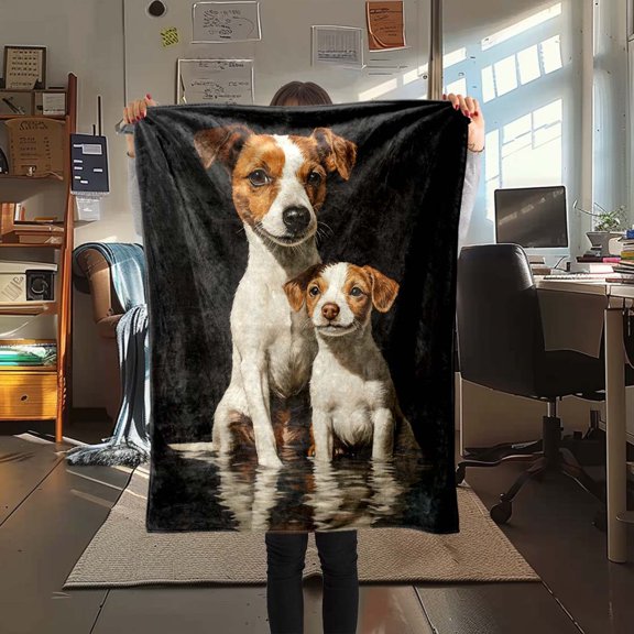 Jack Russell Terrier Dog Print Flannel Throw Blanket, Two Puppies with Ripple Reflection, Black Soft Polyester All-Season, for Sofa Bed Travel Outdoors, Gift for Pet Lovers
