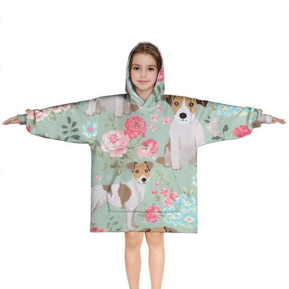 Jack Russell Terrier Dog and Flower Blanket Hoodies for Kids 6-13YR Oversize Wearable Blanket Hoodies for Boys Girls Teens