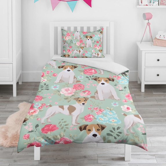 Jack Russell Terrier Dog and Flower Duvet Cover and Pillowcase Set for Single Bedding, Bedroom Accessories for Kids Teens