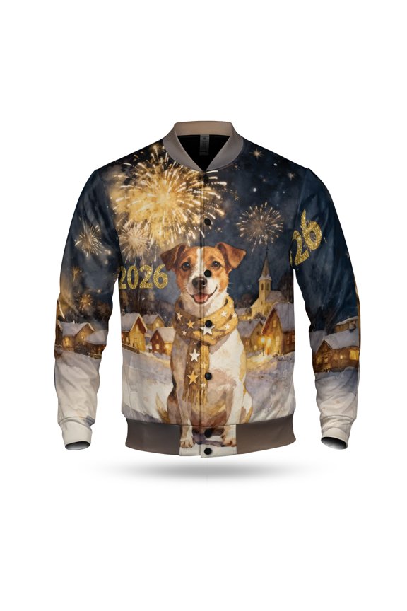 Jack Russell Terrier Happy New Year 2026 with Fireworks on New Year's Eve All Over Print 3D Baseball Jacket Parson Jack Dog Lover Bomber Jacket Softball - 12022
