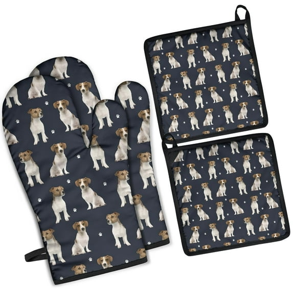 Jack Russell Terrier Kitchen Oven Mitt and Pot Holder Sets 2 Pcs for Baking, Cooking and Grilling, Heat Resistant Up To 392 °F