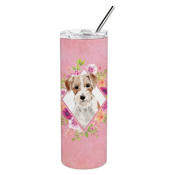 Jack Russell Terrier Pink Flowers Double Walled Stainless Steel 20 oz Skinny Tumbler