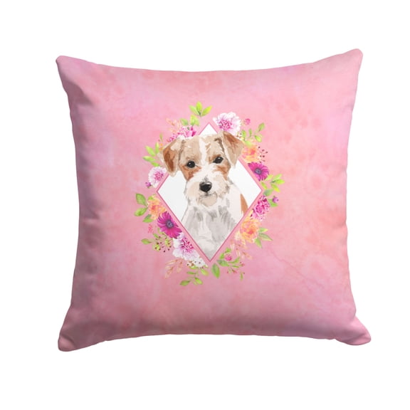Jack Russell Terrier Pink Flowers Fabric Decorative Pillow