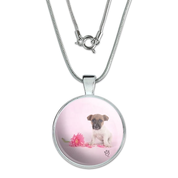 Jack Russell Terrier Puppy Dog Flower 1" Pendant with Sterling Silver Plated Chain