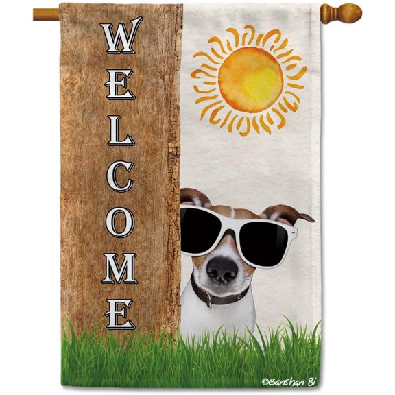 Jack Russell Terrier Spring Summer Welcome House Flag Dog Hides Behind a Tree Sun Outside Yard Decor Flag Banner 28X40 Inch Double Side Style 2