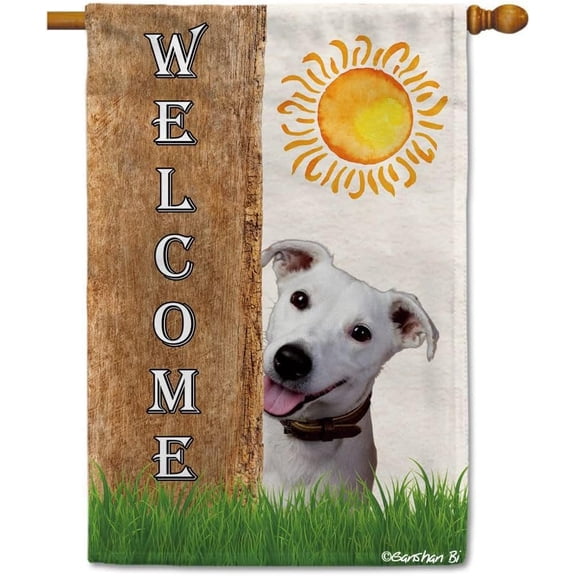 Jack Russell Terrier Spring Summer Welcome House Flag Dog Hides Behind a Tree Sun Outside Yard Decor Flag Banner 28X40 Inch Double Side Style 3