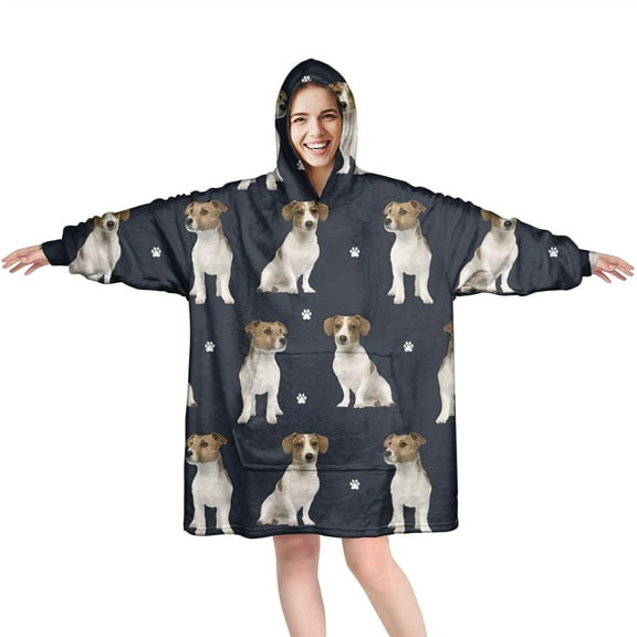 Jack Russell Terrier Wearable Oversized Blanket,Wearable Blanket Hoodie for Adults,Cozy Hooded Blankets with Super Pockets,Super Warm Fuzzy Pullover for Women & Men
