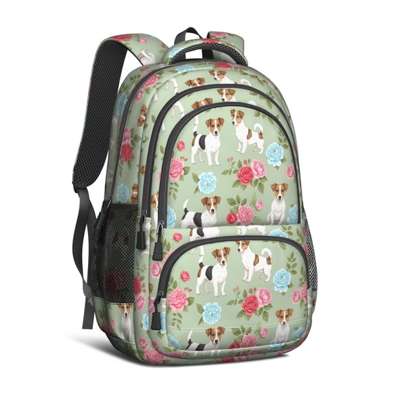 Jack Russell Terrier and Floral Backpack for School, Cute School Bag with Adjustable Shoulder Straps and Padded Back, 16.9"x12.6"x5.9"