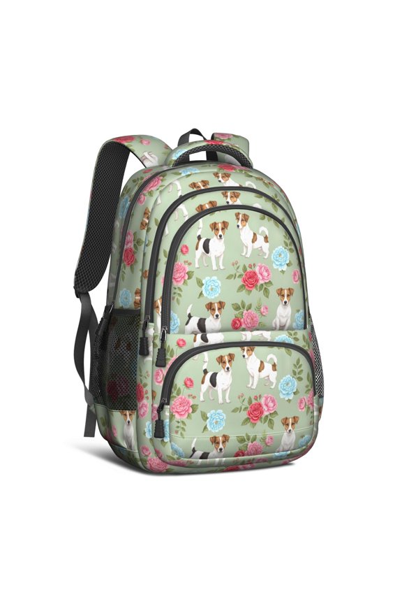 Jack Russell Terrier and Floral Backpack for School, Cute School Bag with Adjustable Shoulder Straps and Padded Back, 16.9"x12.6"x5.9"