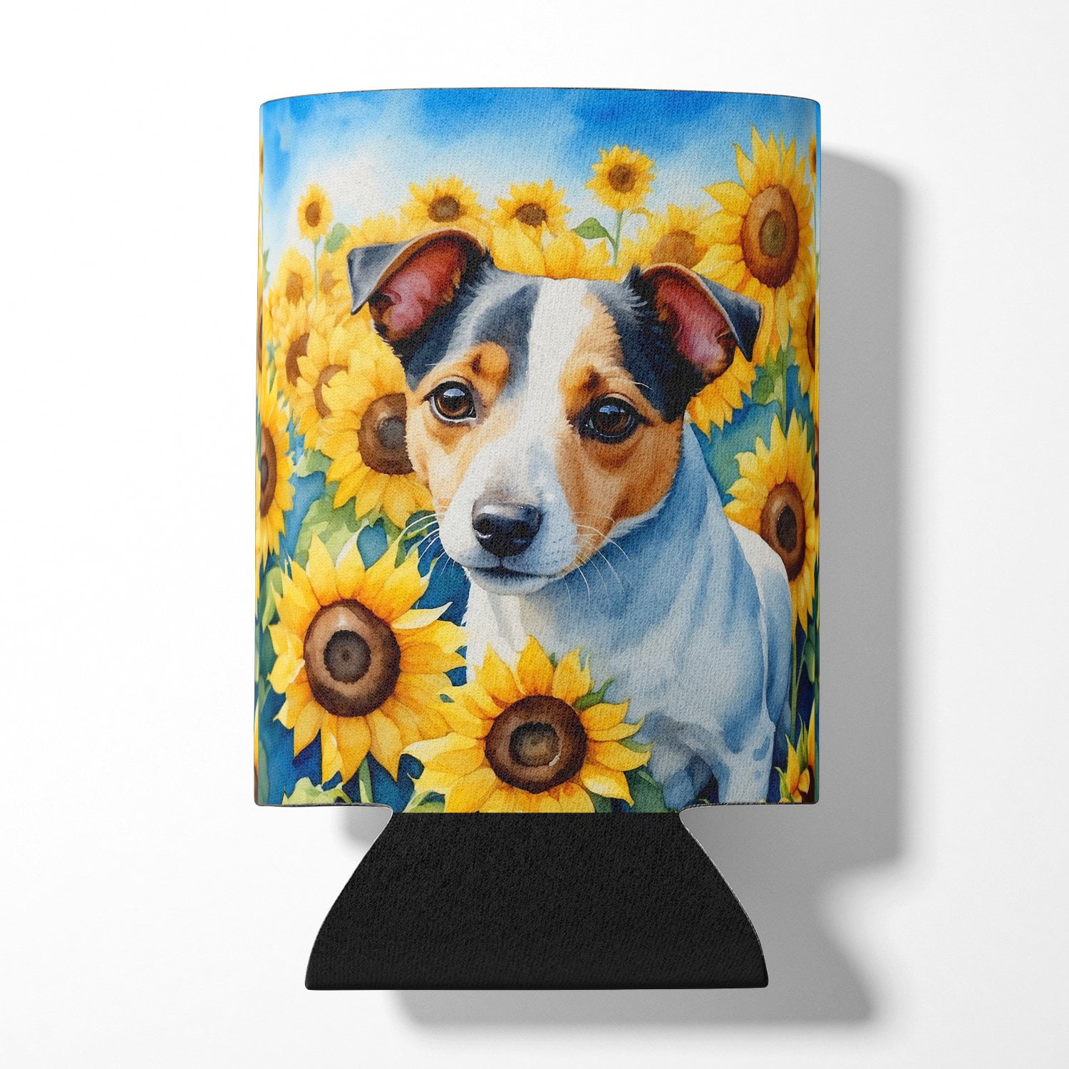 Jack Russell Terrier in Sunflowers Can or Bottle Hugger 3 in x 5 in