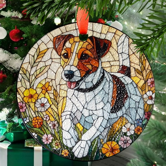 Jack Russell Terrier wildflowers GLASS Suncatcher Hanging, Jack Russell Terrier glass, dog suncatcher hanging, dog mom gift, Ornament 2025, Holiday Decoration, 2025, Holiday