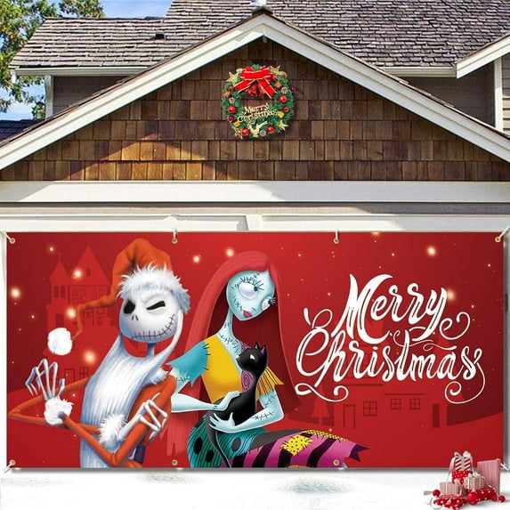 Jack Sally Christmas Garage Door Banner - 16 x 7 ft Nightmare Christmas Decoration for Door, Photo Party Background