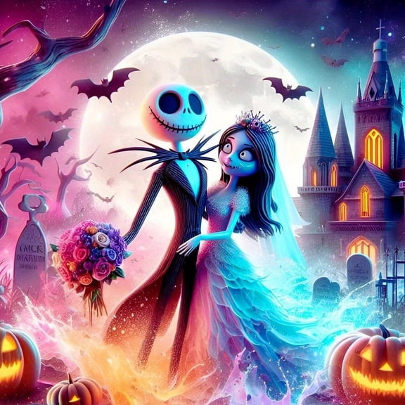 Jack Sally The Nightmare Before Christmas Skull DIY 5D Diamond Digital Painting Kit Crystal Rhinestone Embroidery Cross-stitch artwork Crafts Canvas wall decoration Birthday gift 12 X 12 inches