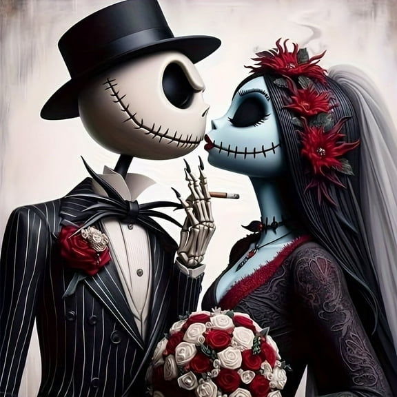 Jack Sally The Nightmare Before Christmas Skull DIY 5D Diamond Digital Painting Kit Crystal Rhinestone Embroidery Cross-stitch artwork Crafts Canvas wall decoration Birthday gift 12 X 12 inches