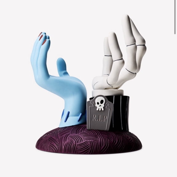 Jack Sally Skeleton Hand Candle Holder, Creepy Pedestal Stand Tabletop Decor, Spooky Resin Halloween Candle Display Accent Piece