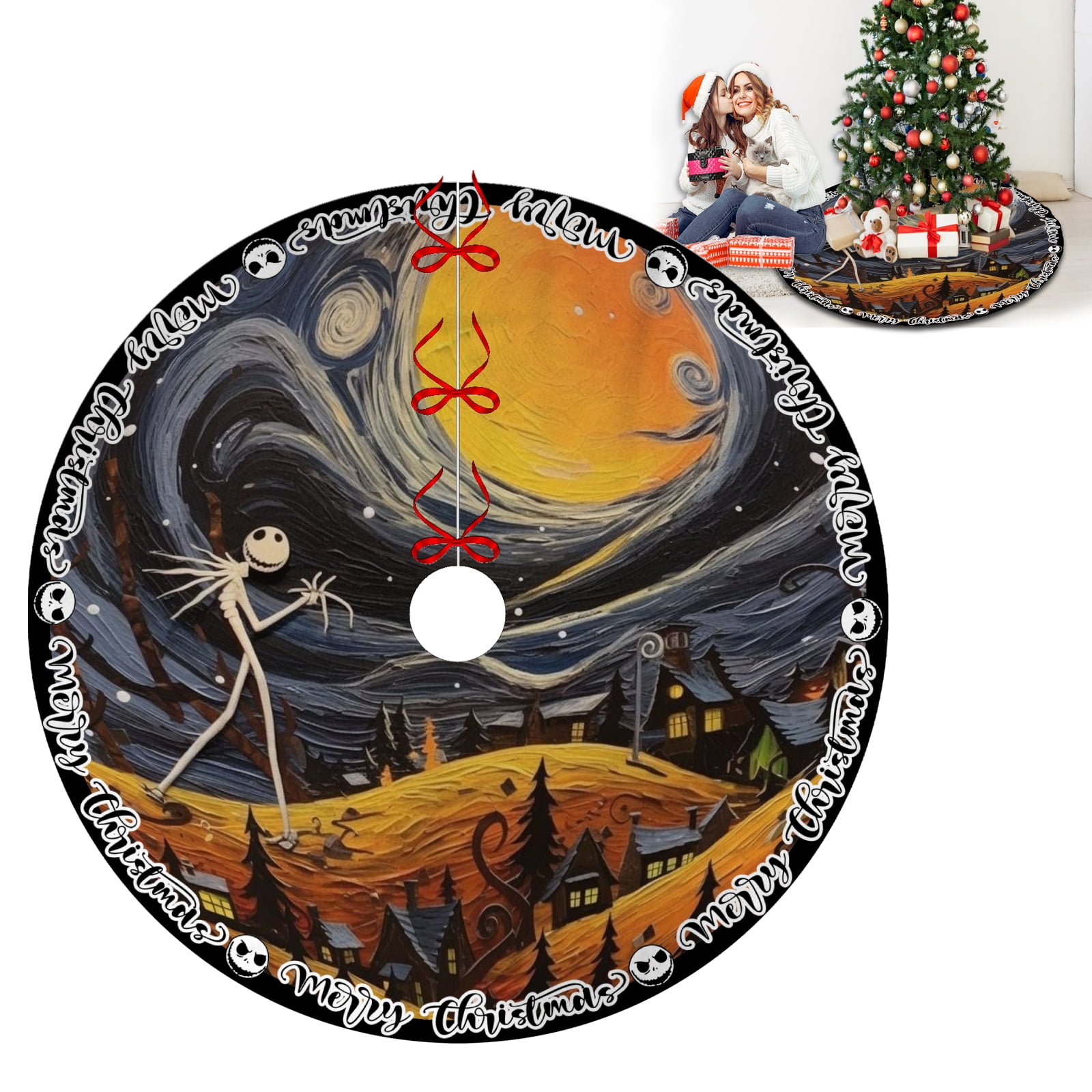 Jack and Sally Skellington Christmas Tree Skirts,Black Xmas Tree Skirts