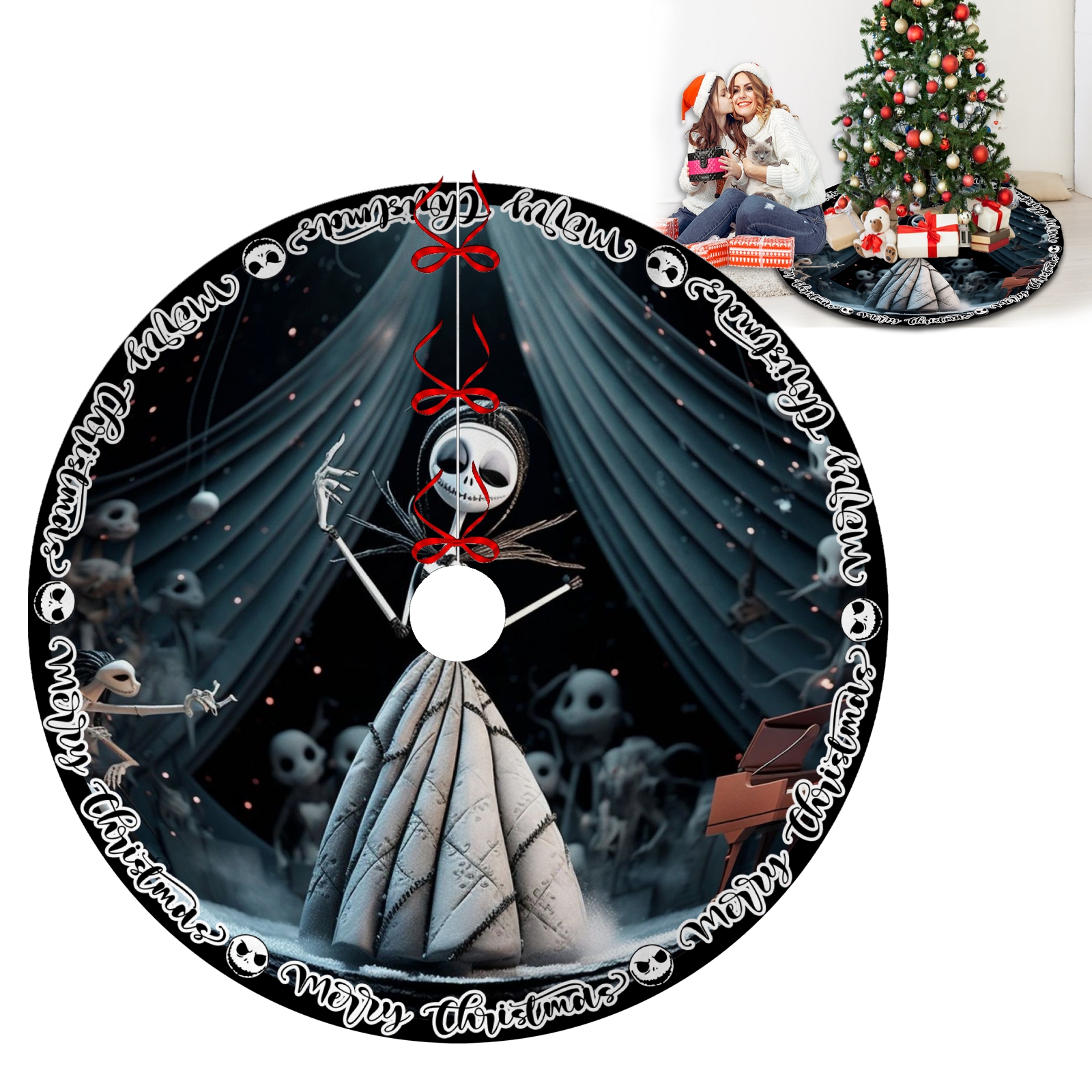 Jack and Sally Skellington Christmas Tree Skirts,Black Xmas Tree Skirts