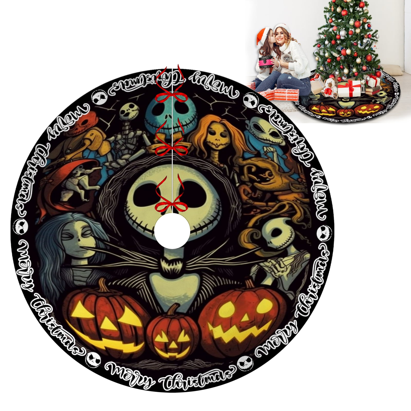 Jack and Sally Skellington Christmas Tree Skirts,Black Xmas Tree Skirts