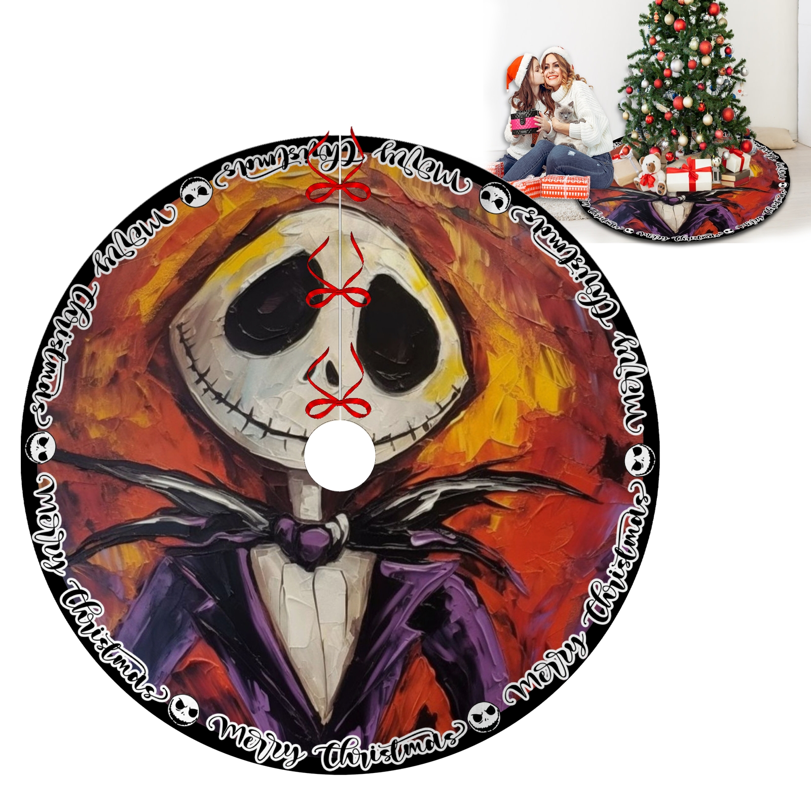 Jack and Sally Skellington Christmas Tree Skirts,Black Xmas Tree Skirts