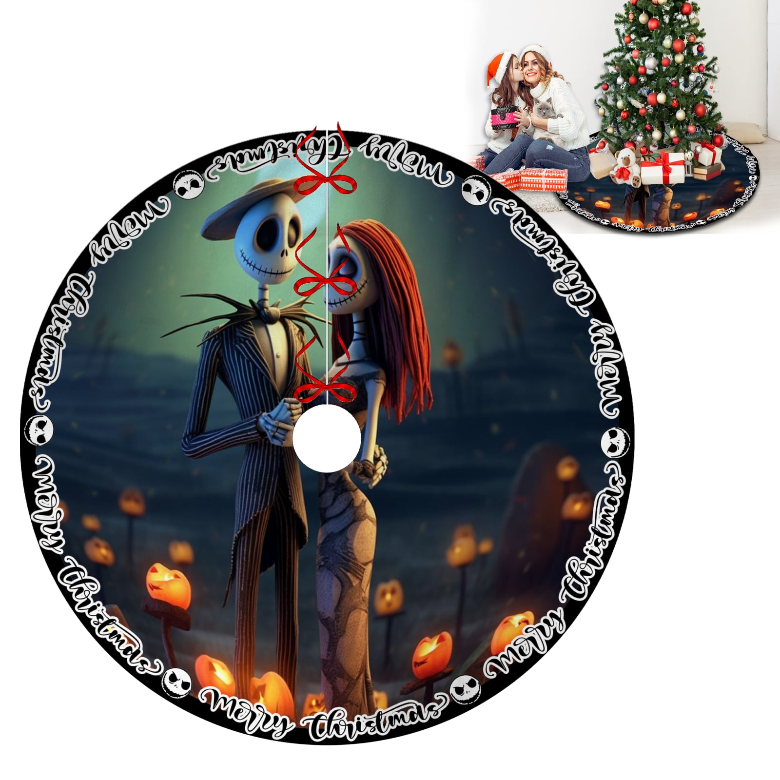 Jack Sally Skellington Skull Christmas Tree Skirts,Black Xmas Tree