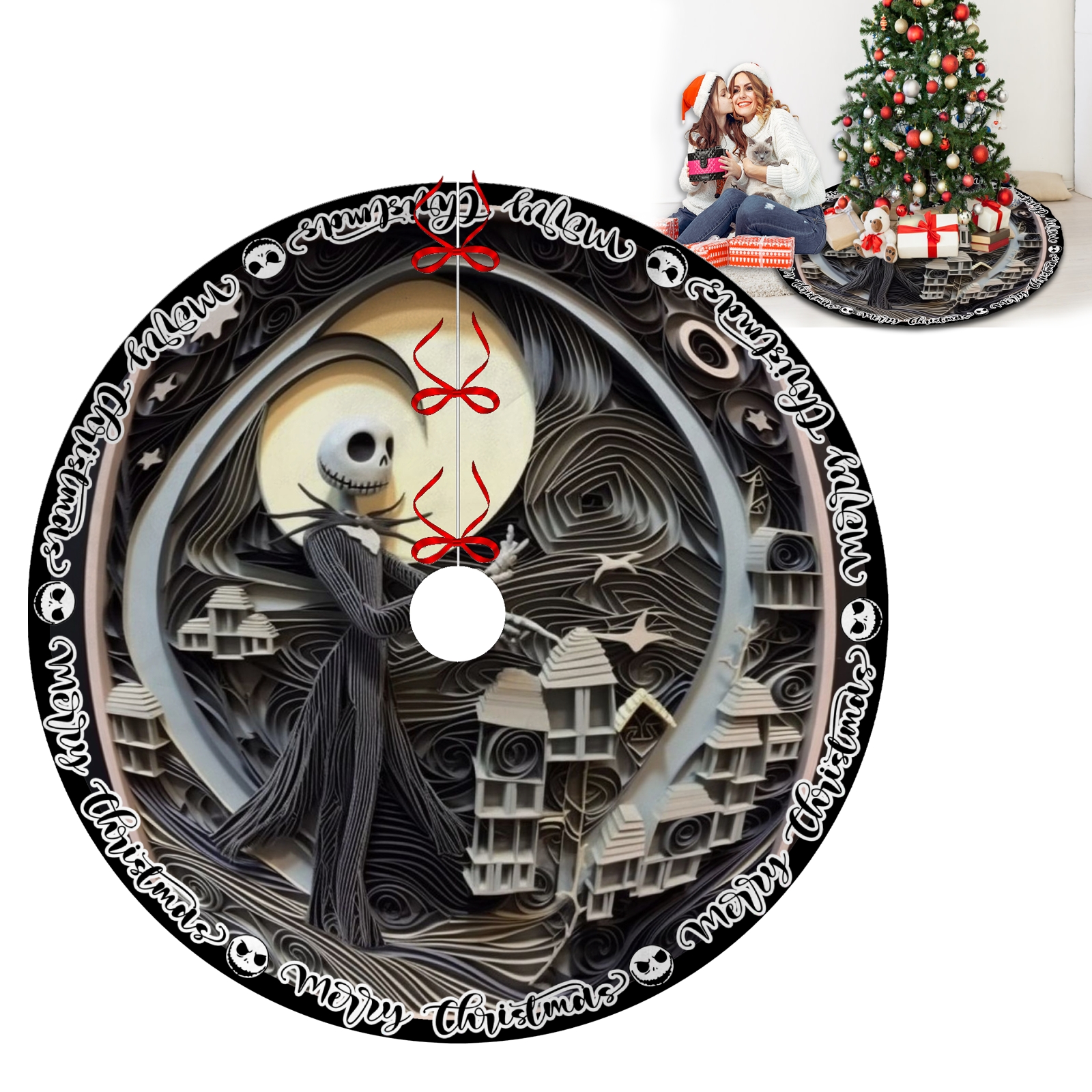 Jack Sally Skellington Skull Christmas Tree Skirts,Black Xmas Tree
