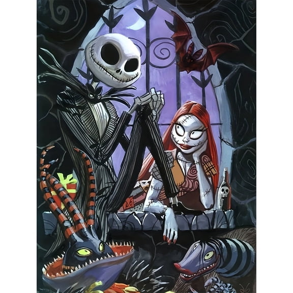 Jack Sally skull The Nightmare Before Christmas DIY 5D Diamond Digital Painting Kit Crystal Rhinestone Embroidery Cross-stitch artwork Crafts Canvas wall decoration Birthday gift 12 X 16 inches