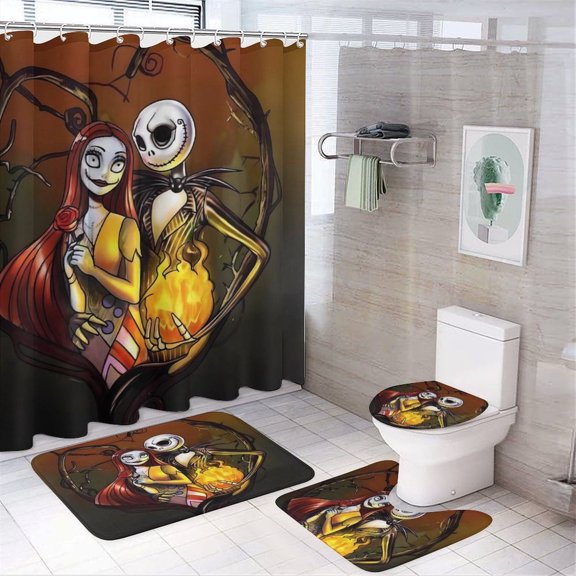 Jack Skellington 4 Piece Bathroom Set, Shower Curtain Non-Slip Rugs, Toilet Lid Cover And Bath Mat, Durable And Waterproof, for Bathroom Decor Set
