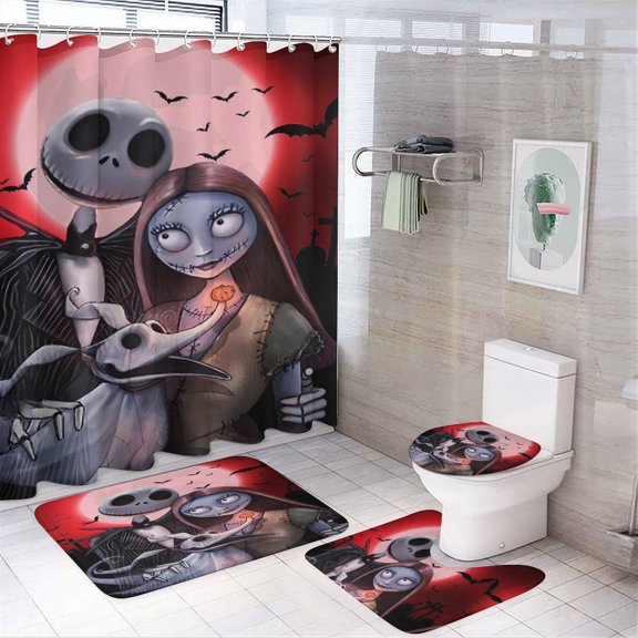 Jack Skellington 4 Piece Bathroom Set, Shower Curtain Non-Slip Rugs, Toilet Lid Cover And Bath Mat, Durable And Waterproof, for Bathroom Decor Set