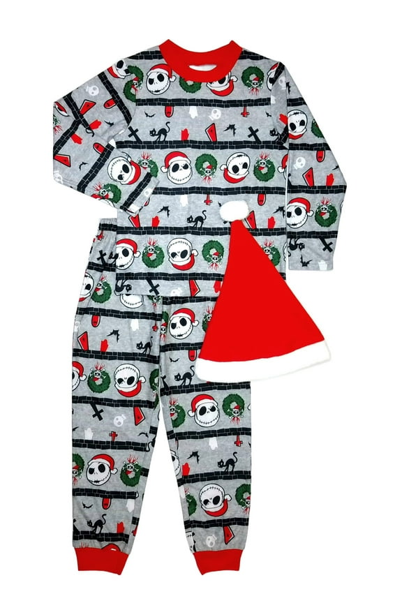 Jack Skellington Boy's Girl's Christmas Print Soft Pajama Set with Santa Hat (Small 6/7)