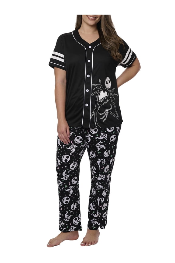 Jack Skellington Button Down Shirt & Lounge Pants Women Plus Set