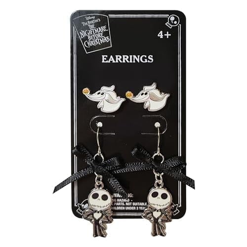 Jack Skellington Gothic Jewelry: 2 Hypoallergenic Earrings for Girls (1 Stud Earrings 1 Fishhook Drop) Earring Sets with Charms One Size Fits All Girls Earrings The Nightmare Before Christmas Ages 4+