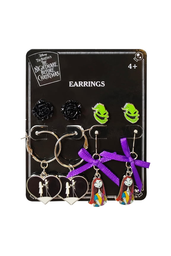 Jack Skellington Gothic Jewelry 4 Hypoallergenic Earrings for Girls 2 Stud Earrings 2 Fishhook Fun Earring Sets with Charms One Size Girls Earrings The Nightmare Before Christmas Gifts Age 4+