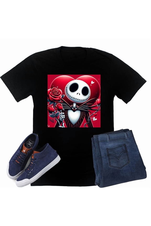 Jack Skellington Hearts Love, Valentine Shirt Unisex Short Sleeve Shirt (Black-X Large)
