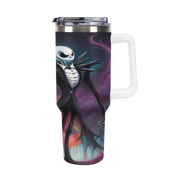 Jack Skellington Large Capacity Car Cup, 40oz Stainless Steel Travel Mug With Handle, Double Layer Vacuum Insulated Cup, Coffee Cup , With Lid And Straw, Best Festivals Gift, Halloween Gift, Christma