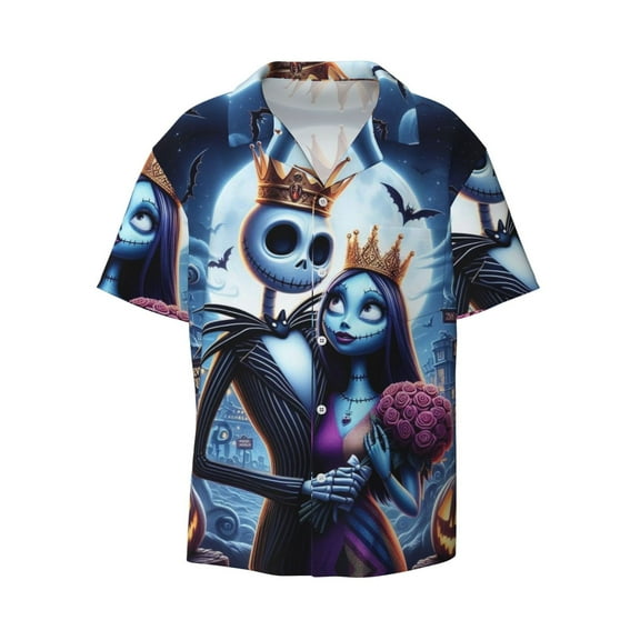 Jack-Skellington Men's Cuban Guayabera Shirt Short Sleeve Button Down Beach Shirts Casual Summer Print Hawaiian Shirts Small