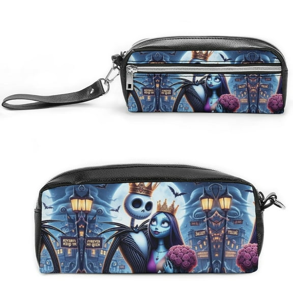 Jack-Skellington Pen Bag Small Cosmetic Bag Leather Zippered Toiletry Bag with Handle Strap Portable Pencil Case Pouch for Women Men