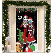 Jack Skellington Sally Banner Nightmare Before Christmas Decorations Door Cover Xmas Porch Door Sign Welcome Banner for Indoor Outdoor Wall Home