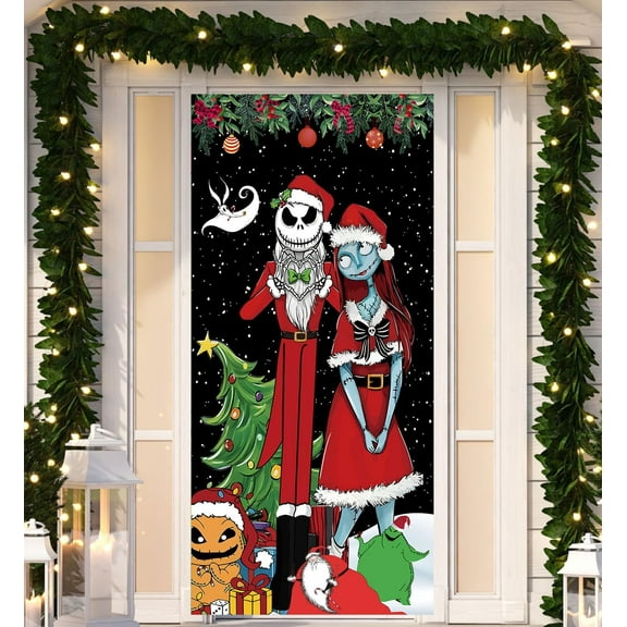 Jack Skellington Sally Banner Nightmare Before Christmas Decorations Door Cover Xmas Porch Door Sign Welcome Banner for Indoor Outdoor Wall Home