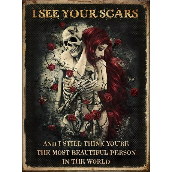 Jack Skellington and Sally I See Your Scars Encouraging Quote Nightmare Before Christmas Novelty Retro Metal Tin Sign Plaque Bar Pub Club Cafe Farmhouse Sign 12x16 Inch