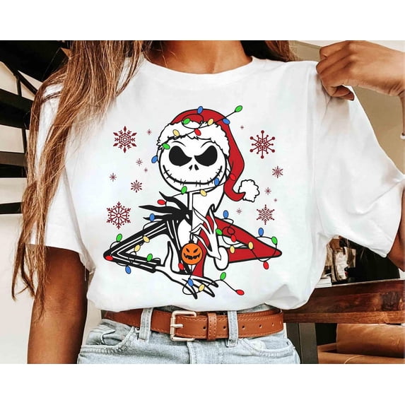 Jack Skellington Santa Claus Christmas Light T-Shirt, Nightmare Before Jack Christmas, Jack & Sally Tee, Disneyland family 2024 Xmas Trip