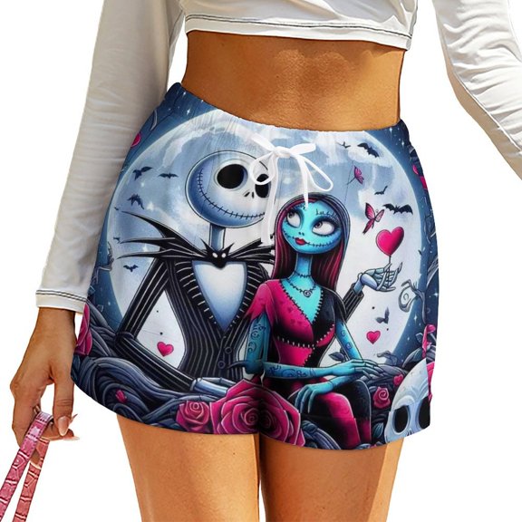 Jack-Skellington Shorts Womens Summer Beach Boardshort Drawstrng Elastic Waist Print Casual Loose Shorts with Pockets S