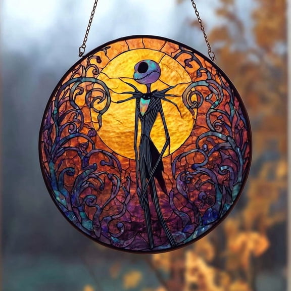 Jack Skellington Stained Glass Suncatcher, Sunset Forest Window Decor, Gothic Halloween Theme, Movie Fans, Spooky Gift Idea