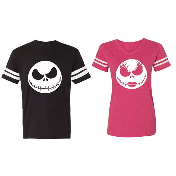 Jack Skull Matching Couple Cotton Jerseys (Men Black / Women Pink) (Men M / Women XL)