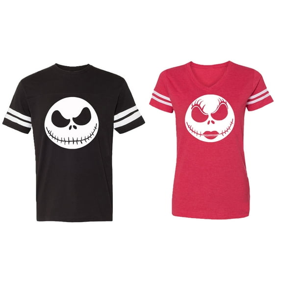 Jack Skull Matching Couple Cotton Jerseys (Men Black / Women Red) (Men XXL / Women M)