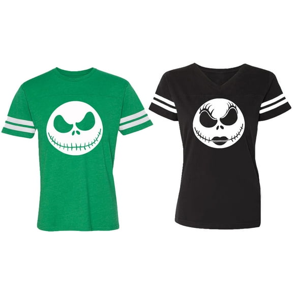 Jack Skull Matching Couple Cotton Jerseys (Men Green / Women Black) (Men S / Women S)