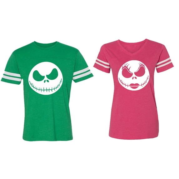 Jack Skull Matching Couple Cotton Jerseys (Men Green / Women Pink) (Men XL / Women L)