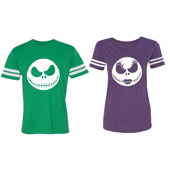 Jack Skull Matching Couple Cotton Jerseys (Men Green / Women Purple) (Men XXL / Women M)